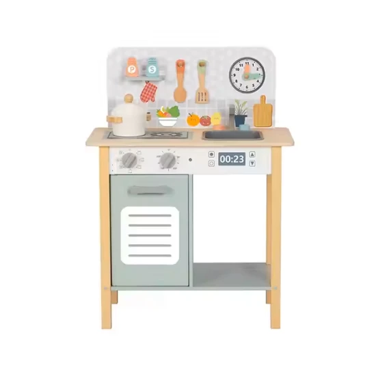 Pasztell színekben pompázó fa gyerekkonyha a Tooky Toy-tól, kiegészítőkkel.