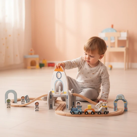 Űrvonat pálya űrhajósokkal, egy UFO-val és egy űrrakétával.