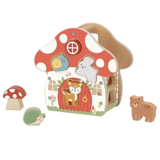 Fa formaépítő kocka 12 színes formával gyerekeknek