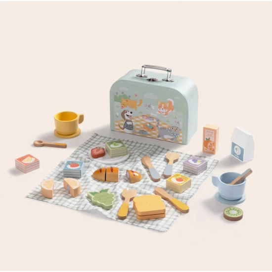 Gyermek piknikkészlet bőröndben tányérokkal, evőeszközökkel és ételkiegészítőkkel