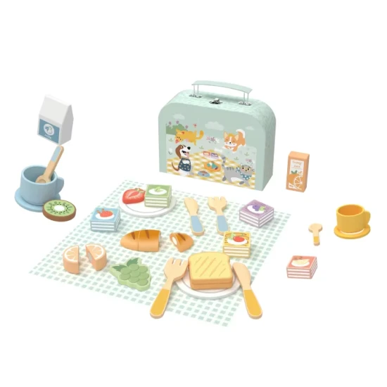 Gyermek piknikkészlet bőröndben tányérokkal, evőeszközökkel és ételkiegészítőkkel