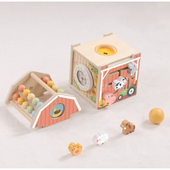 Fa foglalkoztatóház Farm Tooky Toy – oktatójáték állatokkal, gyöngyökkel és szélforgóval