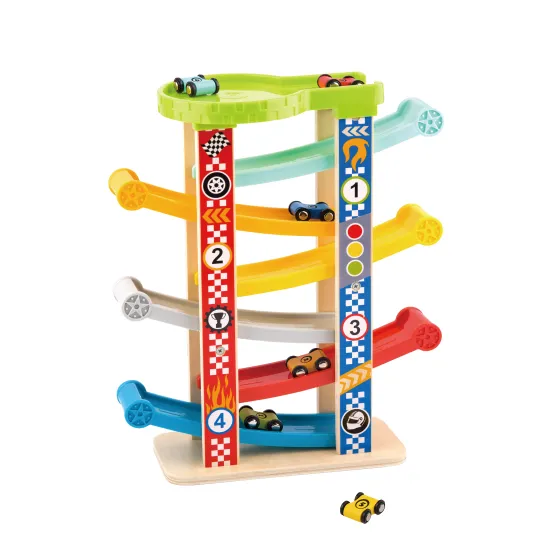 Tooky Toy színes fából készült versenypálya hét szinttel és hat autóval