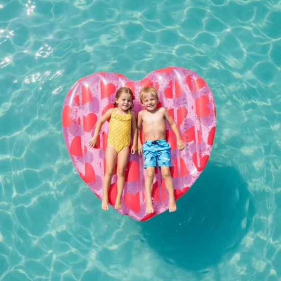 A Swim Essentials óriási felfújható szíve szívmintával gyönyörűen fog kitűnni bármilyen vízfelületen. Körülbelül 6 éves kortól ajánlott gyermekek számára, de maximális teherbírása 80 kg, így tinédzserek is használhatják szórakozásra, vagy felnőttek lustálkodásra.