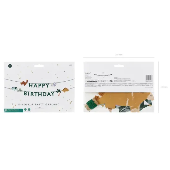 Egy gyönyörű füzér Happy Birthday felirattal és különféle rajzfilm dinoszauruszok. 
