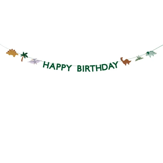 Egy gyönyörű füzér Happy Birthday felirattal és különféle rajzfilm dinoszauruszok. 