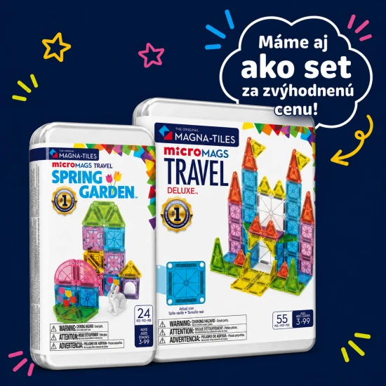 Mágneses építőkészlet MAGNA-TILES Travel Set Deluxe - 55 mini darab bádogtokban, útközbeni játékhoz